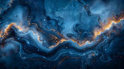 Abstract background with blue waves and landscape painting, wide shot. - obrazy, fototapety, plakaty