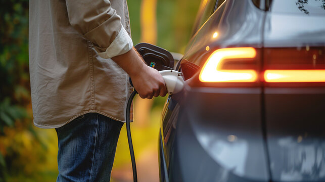 Recarga de coche el&eacute;ctrico en estaci&oacute;n de carga