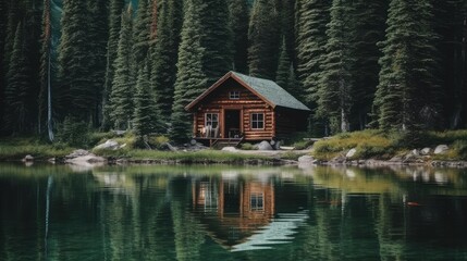 Fototapeta premium Secluded Cabin by a Tranquil Forest Lake