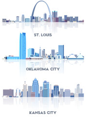 United States cityscapes: St. Louis, Kansas City, Oklahoma City skylines in tints of blue color palette vector collection. Crystal aesthetics style