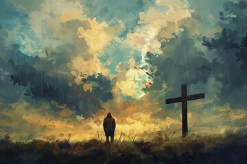 Man Worshipping in Front of Wooden Cross, Dramatic Cloudy Sky Background - Digital Painting - obrazy, fototapety, plakaty