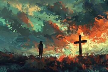 Man Worshipping in Front of Wooden Cross, Dramatic Cloudy Sky Background - Digital Painting - obrazy, fototapety, plakaty