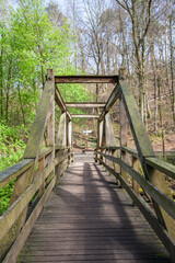 Wooden bridge over the Hasselbach reservoir near Detmold in the Teutoburg Forest