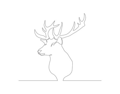 Continuous one line drawing of deer head. One line of wild reindeer. Deer head continuous line art. Editable outline.