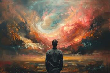 Man contemplating abstract painting of heavens in art gallery, exploring concept of faith, digital illustration - obrazy, fototapety, plakaty