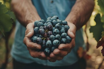 Male farmer's hands harvesting ripe grapes, viticulture and winemaking - obrazy, fototapety, plakaty