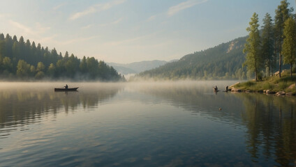 Fototapeta na wymiar lake in the morning, sunrise over the lake, morning in the mountains