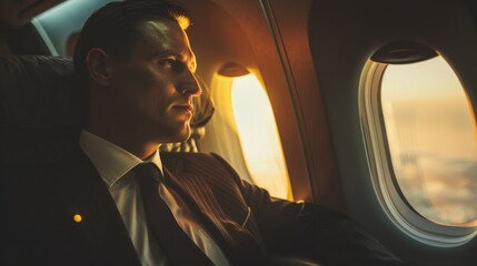 Business man sitting in airplane and looking at window wallpaper background
