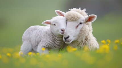 Obraz premium Two sheep graze in a grassy field of yellow flowers