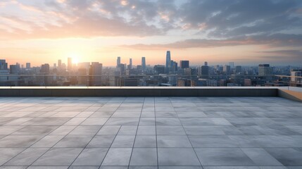 Sunrise Over City Skyline from Modern Rooftop - obrazy, fototapety, plakaty
