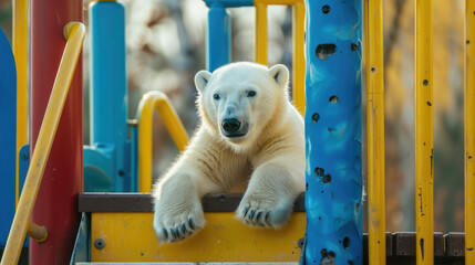 Polar bear playing on the playground