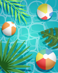 Summer vector background with beach balls and leaves, for banners, postcards, flyers, wallpapers for social networks, etc.