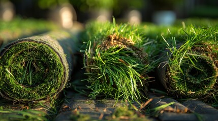 Natural landscaping grass turf rolls backyard wallpaper background