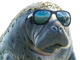 Closeup portrait of a manatee wearing sunglasses isolated on a transparent background