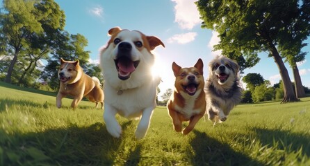 Joyful Pack of Dogs Enjoying a Sunny Day in Park