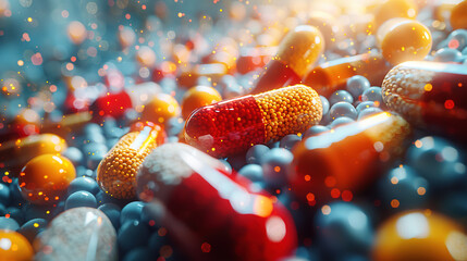 Pills and capsules. Pharmacy and medicine, antidepressant and vitamin concept.Healthcare background. Generative - obrazy, fototapety, plakaty