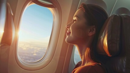 Fototapeta premium Young woman sitting in airplane and looking at window wallpaper background 