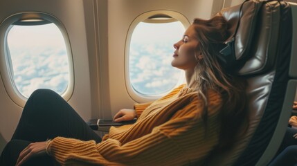 Young woman sitting in airplane and looking at window wallpaper background 