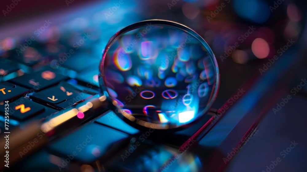 Poster Magnifying Glass Over a Computer Keyboard Highlighting AI and Robots