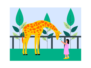 Little girl is feeding a giraffe. Zoo vector illustration