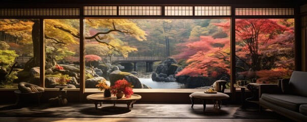 Serene Japanese Living Room With Autumn View - obrazy, fototapety, plakaty