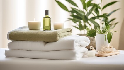 Fototapeta na wymiar Serene Spa Essentials with Fresh Towels and Candles