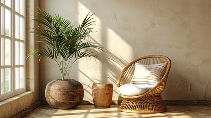 A sunny interior with a wicker chair, potted palm plant, and wooden flooring creating a warm, cozy corner