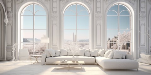 Luxurious White Living Room Overlooking Snowy Scenery
