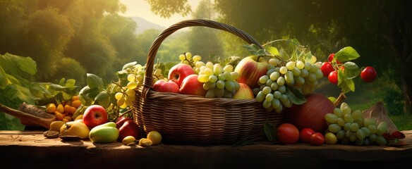 Naklejka premium Abundant Harvest Basket with Fresh Fruits