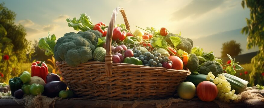 Fresh Vegetable Assortment in Wicker Basket Outdoors