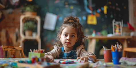 A young girl sits at a table with a variety of art supplies, including crayons