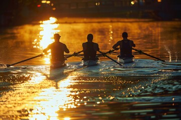 A mesmerizing scene unfolds as a group of people gracefully row on a tranquil lake under the...