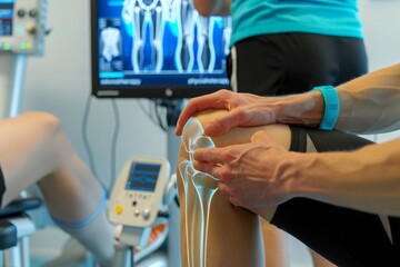 A person engages with a monitor in a room, experimenting with advanced technology for knee pain relief through aihrgdesign physiotherapy.