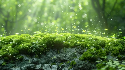 Gordijnen High quality wallpaper, nature, forest, moss in green fresh style, incredibly beautiful landscape © Gizmo