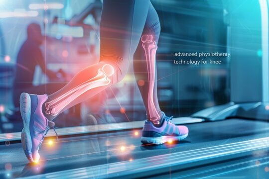A person walking on a conveyor belt with the words advanced physical technology for knee displayed, showcasing innovative rehabilitation methods.
