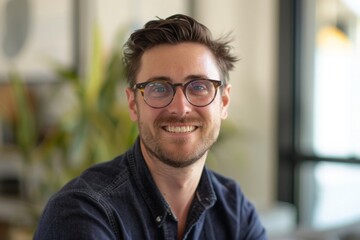 Obraz premium A man with glasses smiles warmly at the camera, exuding confidence and approachability.