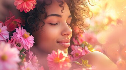Woman embraces spring flowers, celebrating life and diversity. 🌺🌼 Digital art captures her graceful pose and radiant smile amidst vibrant blooms. #BeautyInDiversity