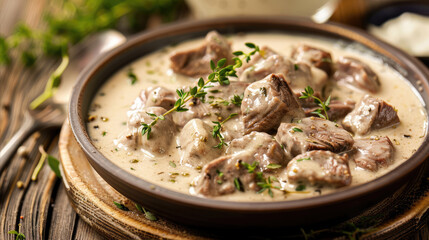 Venison in sour cream. Traditional dish of Norway - obrazy, fototapety, plakaty