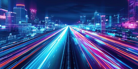 Hologram highway in future cityscape, hues of blue, pink, bustling traffic. 🌆🚗💫 Futuristic urban vibes with vibrant colors. #CityOfTomorrow