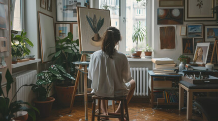 Woman in a white shirt is painting a picture at the easel