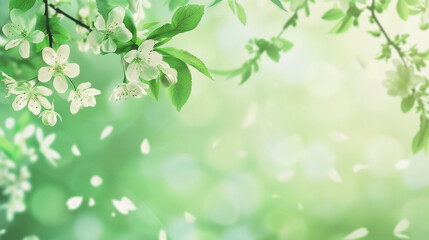 Fototapeta premium Green bokeh background adorned with small white flowers