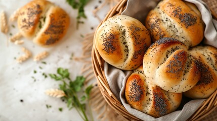 Delicious fragrant rolls with poppy seeds in a basket in a bright kitchen. Homemade buns baked for golden brown. - obrazy, fototapety, plakaty
