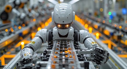 An advanced AI robot with illuminated eyes working on an assembly line in a high-tech manufacturing environment
