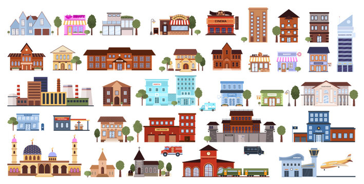 Big set of various flat urban building icons. Isolated municipal library, bank, pharmacy, post office, school, pet shop, museum, bakery, mosque, airport on a white background. Vector illustrations.