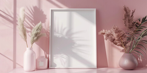 A white frame with a shadow on the wall sits on a shelf next to a vase and a potted plant