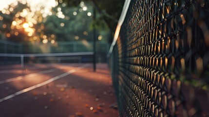 A tennis court with a fence in the background. The fence is black and has a mesh design