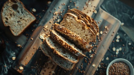 A close up of a loaf of bread with a few slices missing. The bread is on a wooden cutting board with a bowl of oatmeal nearby. Scene is cozy and inviting, as it suggests a simple breakfast or snack