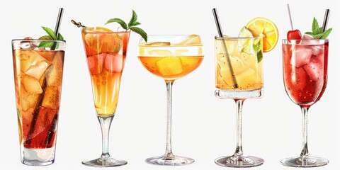A row of five different colored glasses filled with various drinks. The drinks include a red cocktail, a green tea, a yellow cocktail, a pink cocktail, and a white cocktail