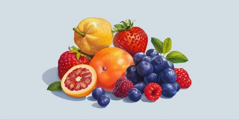 A painting of a variety of fruits including oranges, blueberries, and raspberries. The painting is colorful and vibrant, with the fruits arranged in a way that makes them look fresh and inviting