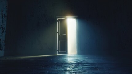 A door is open in a dark room, with a light shining through it. Scene is mysterious and eerie, as the light creates an otherworldly atmosphere